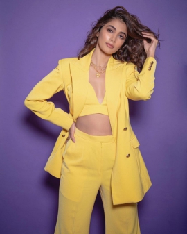 Pooja Hedge teams yellow bralette with blazer, pants in fresh take on power suit