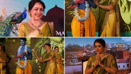 Hema Malini exudes elegance in a Vrindavan-inspired hand-printed sari