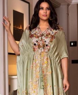 Bipasha Basu wears pastel green kaftan set by Anamika Khanna exuding ethereal elegance