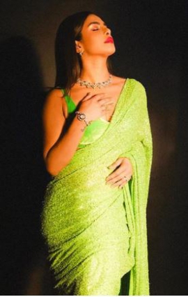Priyanka Chopra channels her inner desi girl in neon green saree with velvet V-neck blouse